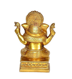 Brass Ganesh statue with detailed back, circular halo crown, seated on square pedestal