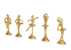 Brass ballerina figurine set showing 5 different dance positions on round bases