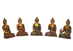 Five brass Buddha figurines seated in meditative poses, varied hand mudras