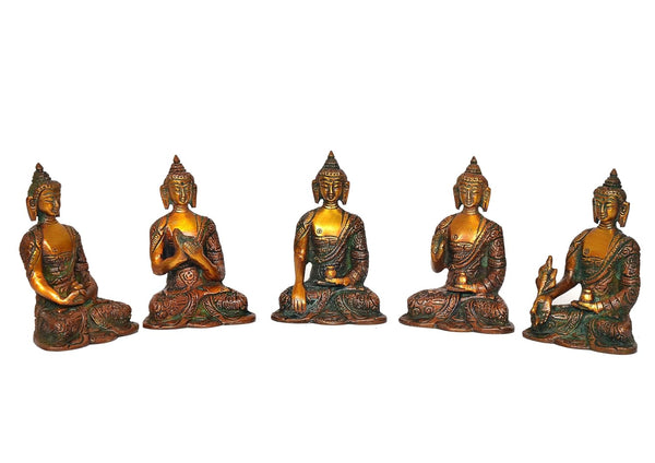 Brass Set of Five Cosmic Buddha Statues - Meditative Figurines for Spiritual Home Decor (Height : 4.5 Inch)