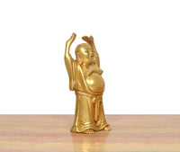 Brass Laughing Buddha statue, three-quarter view, bowed head, hands raised