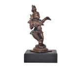 Copper Bal Krishna dancing figurine, angled view of raised hands, 4 inch base