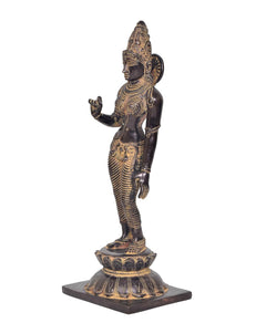 Brass Parvati statue in side profile, raised hand gesture, detailed gold ornaments
