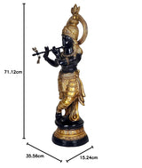 Krishna idol bronce dorado y azul oscuro, 71.12 cm de alto; base redonda