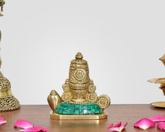 Brass Tirupati Balaji idol from back angle, textured details, teal and gold accents