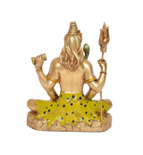 Back view of Resin Lord Shiva sculpture, seated with raised trident, green patterned base