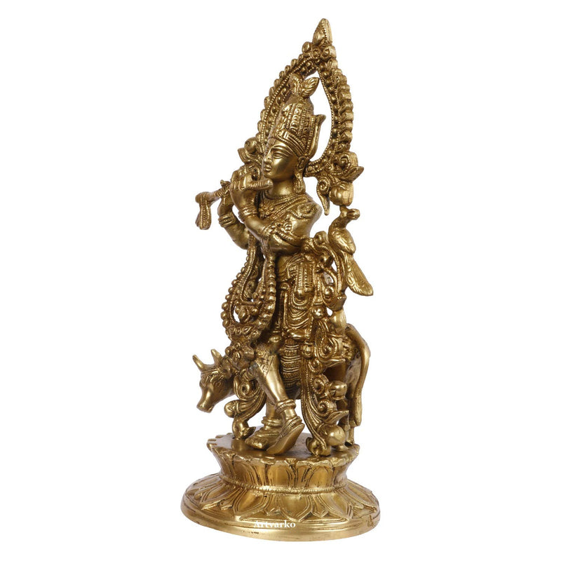 Brass Gold Lord Bhagwan Krishna Murti with Flute with Cow Statue for Home Temple Decor (Height: 12 Inches)