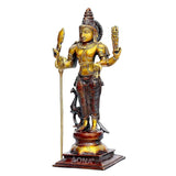 Brass Kumara Karttikeya statue, brown finish, standing with raised trident and spear