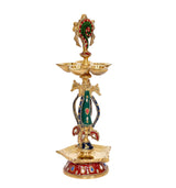 Brass oil lamp diya idol with chakra headpiece, four-bowl stand and colorful robe