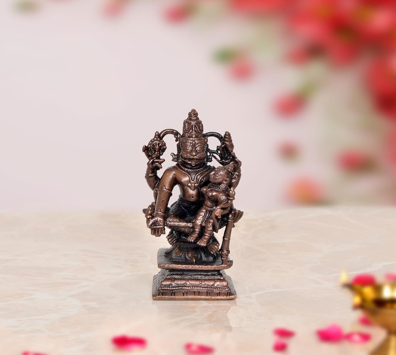 Copper Lakshmi Narasimha Statue for Home Temple Office Mandir, (Height: 3 Inch)