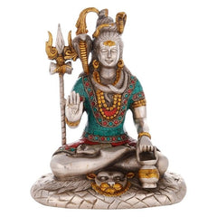 Brass Shiva Shankar sitting idol with teal, red, and gold detailing and trident