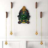 Brass Durga face idol wall hanging with hanging chains and bells, dark green mask
