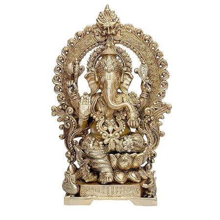 Brass Lord Ganesha Sitting On Lotus Carved Frame with Kirtimuka (Height:18 Inches)
