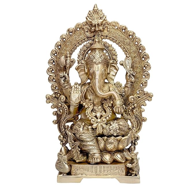 Brass Lord Ganesha Sitting On Lotus Carved Frame with Kirtimuka (Height:18 Inches)