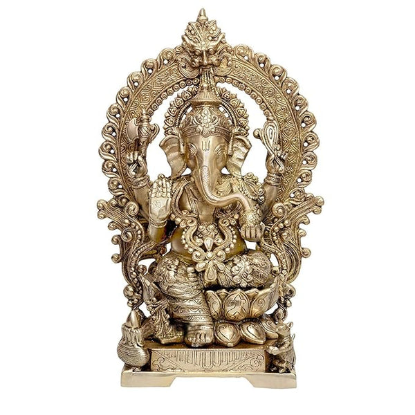Brass Lord Ganesha Sitting On Lotus Carved Frame with Kirtimuka (Height:18 Inches)