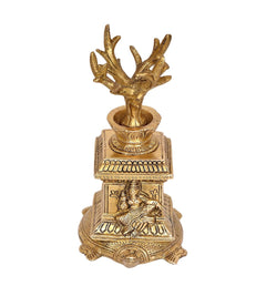 Brass Tulsi plant idol statue, front view of engraved base with deity figures, 6 inch