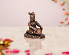 Copper Bal Gopal Krishna idol statue, seated pose with ornate round base (2 inch height)