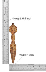 Brass phurba dagger pendant size chart: height 6.5 in, width 1 in, pointed blade
