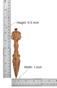 Brass phurba dagger pendant size chart: height 6.5 in, width 1 in, pointed blade