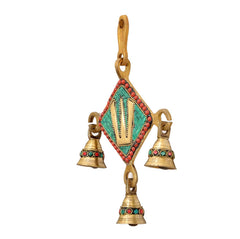 Brass wall hanging Balaji idol with teal diamond face, red border beads, four bells