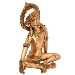Golden brass Indra statue, seated yoga pose with detailed crown and jewelry