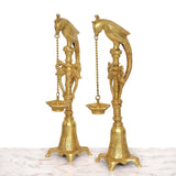 Brass parrot diya stand set of 2 with hanging chains and small oil cups