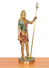Side view of Bholenath brass standing murti holding trident, multicolored attire