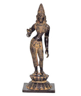 Brass Parvati idol statue, front view, dark body with gold filigree and crown