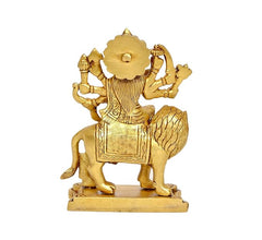 Durga Maa brass figurine on lion, back view with medallion and raised arms, 5 inch