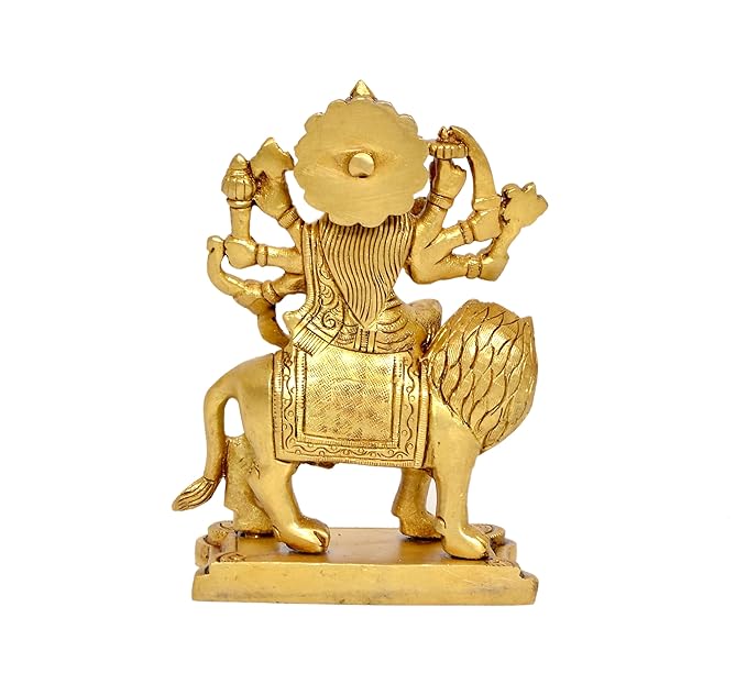 Durga Maa Sitting on Lion Statue Religious Goddess Hindu Devi Maa Durga Brass Sculptures (Height: 5 Inch)