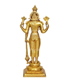 Brass Vishnu statue back view, four arms and embossed decorative patterns