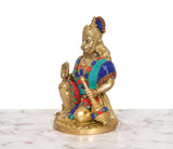 Brass Hanuman Ji sitting murti, side view, painted blue-green robe, gada