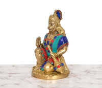 Brass Hanuman Ji sitting murti, side view, painted blue-green robe, gada
