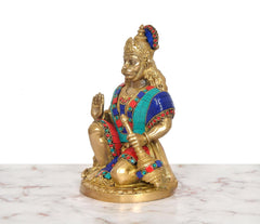 Brass Hanuman JI seated statue, side profile, raised blessing palm and jeweled tunic
