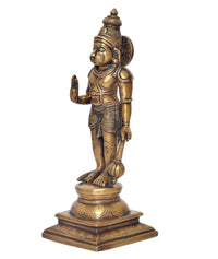 Brass Hanuman idol statue, side view with shield and hanging mace