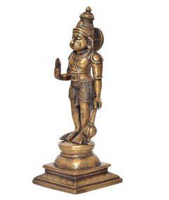 Brass Hanuman idol statue, side view with shield and hanging mace
