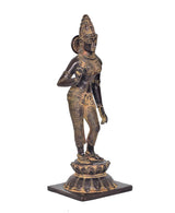 Brass Parvati statue, three-quarter view, crown and jewelry details on dark figure