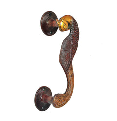 Peacock door handle pair with arched grips, gold head, and textured red scale pattern