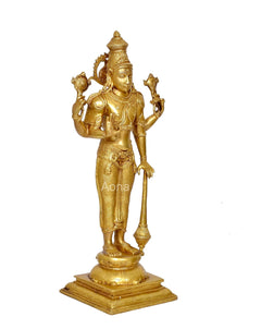 Brass four-armed Vishnu statue front-left view with raised hands and long staff