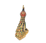 Brass peacock sculpture back view with multicolour inlay and curled tail motif