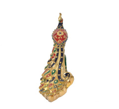 Brass peacock sculpture back view with multicolour inlay and curled tail motif