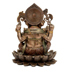 Bronze Ganesha statue back view, circular halo detail, seated on lotus with flowing drape