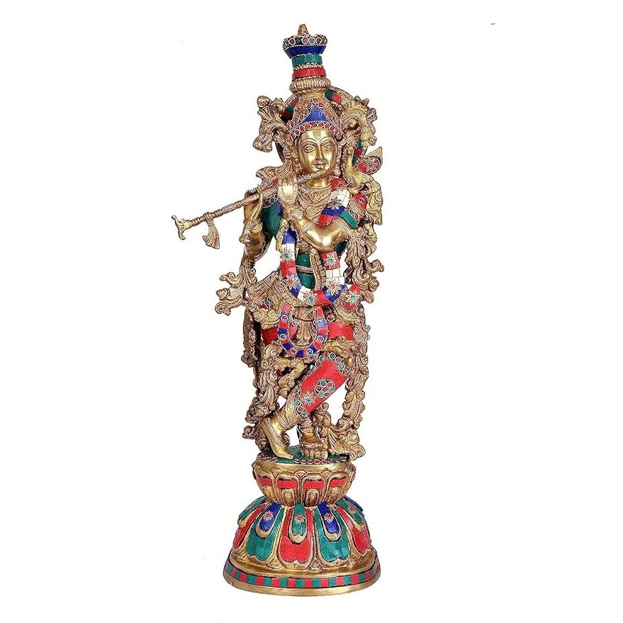 Brass Krishna showpiece, standing figure with jeweled blue-green and red attire, 25 in