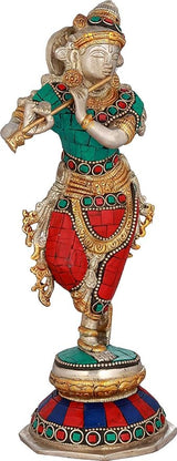Brass Krishna statue, 9.4 in: dancer front view holding flute, teal top and red patterned legs