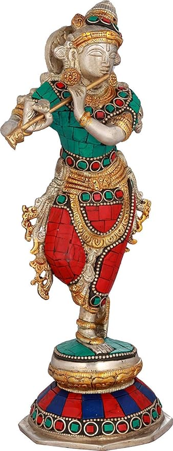 Brass Krishna Hindu God Statue (Height: 9.4 inches)