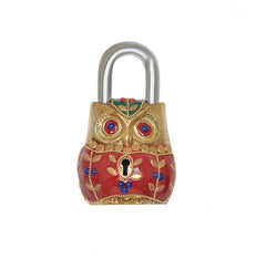 Multicolored owl padlock with arched silver shackle and gold-toned body