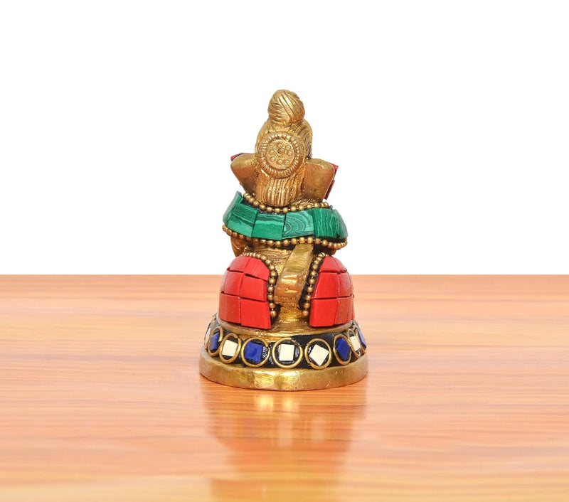Brass Ganesha Statue Blowing The Conch Shell (Height: 3 inch)