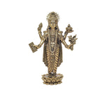 Brass Dhanvantri 6-inch statue, full front view, detailed jewelry, raised hands, lotus base