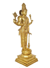 Brass Lord Vishnu standing idol, three-quarter view, detailed jewelry and crown