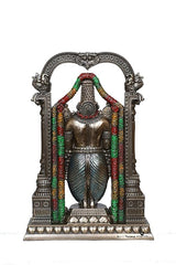 Venkateswara Balaji statue in antique bronze with halo arch, gold legs, jeweled bead garlands